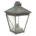 A Victorian green painted metal lantern, with oil / paraffin burner, a/f poor condition and missing ... 