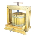 A vintage oak cider/apple press, with twin handled iron screw jack with circular press with a barrel... 