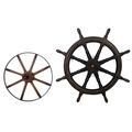 A 19th century ship's wheel, with eight turned spokes and handles, brass inlaid, 106 by 106 by 8cm t... 