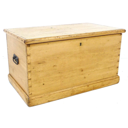 179 - A Victorian pine blanket chest with hinged lift lid, and metal carry handles, 81 by 48 by 45cm high.