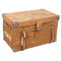 A 19th century travelling trunk, brown canvas covered with leather corners and handles, painted whit... 