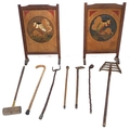 A mixed group of five walking sticks, a croquet mallet, a Victorian farm implement, 119 by 28 by 6cm... 