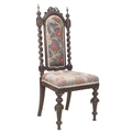 A 19th century oak side chair, barley twist styles with turned finials, carved decoration, upholster... 