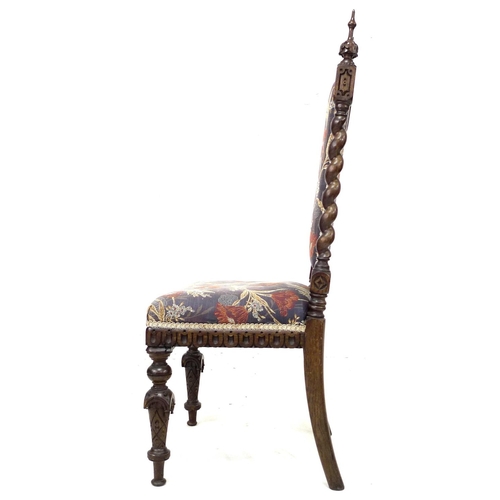 205 - A 19th century oak side chair, barley twist styles with turned finials, carved decoration, upholster... 