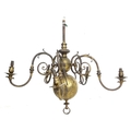 A Victorian brass five branch chandelier, scrolled arms, double orb shaped body, 85 by 85 by 70cm hi... 