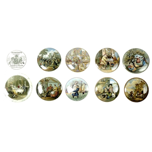 23 - A group of ten Victorian Staffordshire pot lids, six and bases, comprising 'Burgess's Genuine Anchov... 