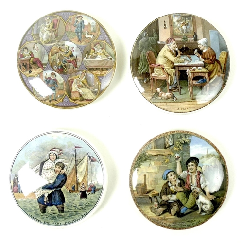 23 - A group of ten Victorian Staffordshire pot lids, six and bases, comprising 'Burgess's Genuine Anchov... 