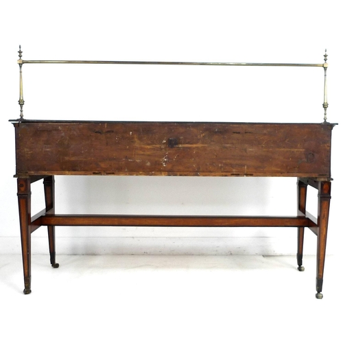 232 - A Regency mahogany and inlaid sideboard, with brass pole upstand, three frieze drawers with oval bra... 