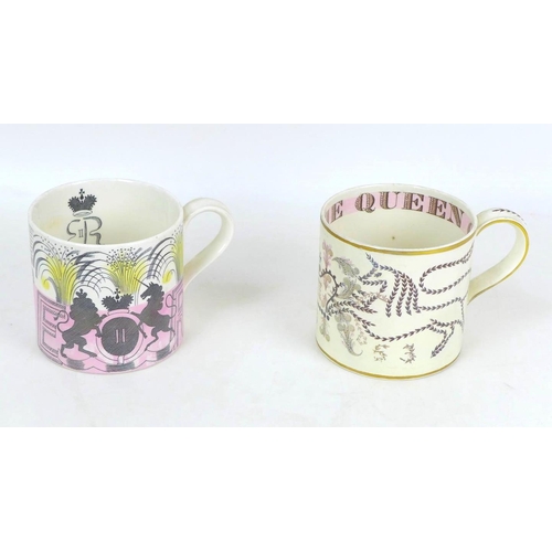 25 - Two Wedgwood 1953 ERII Coronation mugs, one designed by Eric Ravilious with pink and yellow colourin... 