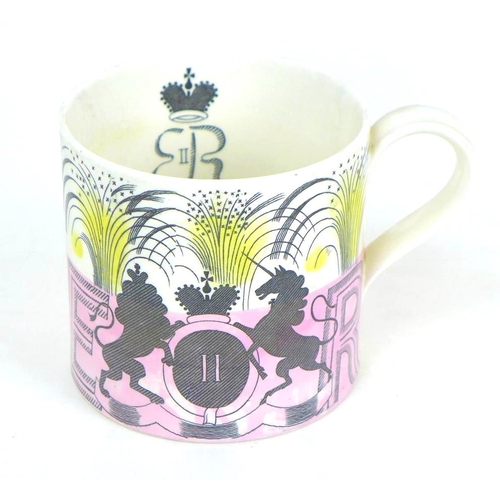25 - Two Wedgwood 1953 ERII Coronation mugs, one designed by Eric Ravilious with pink and yellow colourin... 