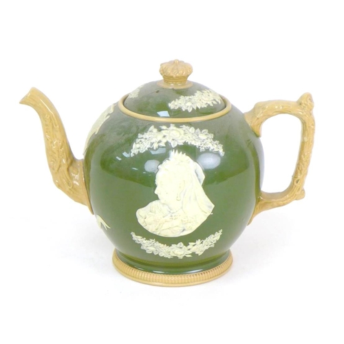 27 - A Copeland late Spode Queen Victoria Diamond Jubilee commemorative teapot, in olive green with appli... 