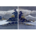 A pair of Japanese watercolours, one of a rural lake landscape, Mount Fuji in the background with cr... 