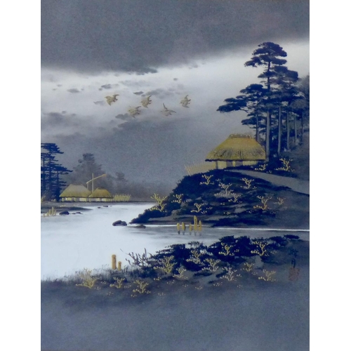 4 - A pair of Japanese watercolours, one of a rural lake landscape, Mount Fuji in the background with cr... 