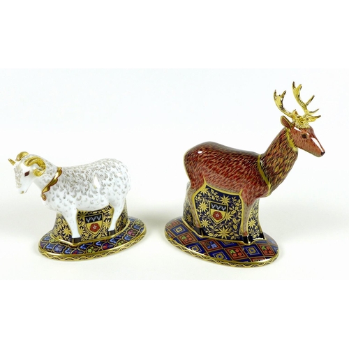 43 - A pair of Royal Crown Derby paperweights, modelled as 'The Heraldic Derbyshire Stag' and 'The Herald... 