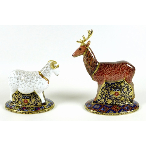 43 - A pair of Royal Crown Derby paperweights, modelled as 'The Heraldic Derbyshire Stag' and 'The Herald... 