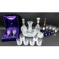 A group of glass wares including a Newcastle or Bell shaped Victorian decanter, 30cm high, a cut gla... 