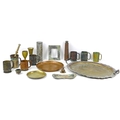A collection of assorted metal wares, including a Chinese bronzed medal photograph frame mount, with... 