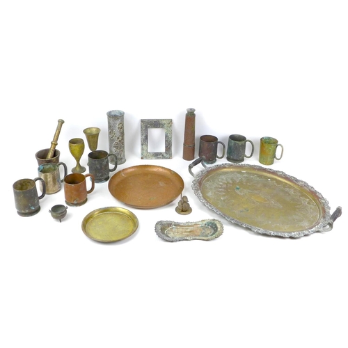 68 - A collection of assorted metal wares, including a Chinese bronzed medal photograph frame mount, with... 