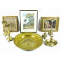A collection of brass items, including an early 19th century brass chamber stick with candle ejector... 