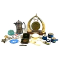 A mixed group of collectables, including a Victorian table gong formed of a pair of horns, with silv... 