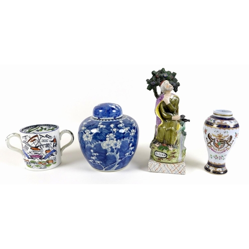 9 - A collection of 19th century ceramics, including a Chinese export porcelain vase, painted with centr... 