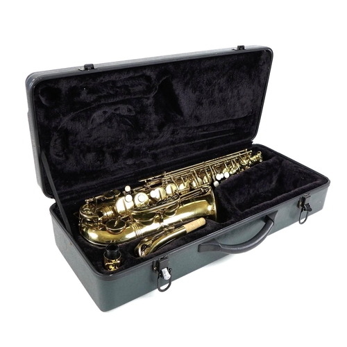 96 - A modern Diamond Artiste brass saxophone, main body 19 by 11 by 59.5cm long, with fitted hard case.