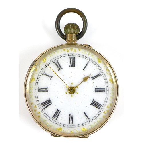 100 - A Swiss 9ct gold cased lady's pocket watch, open faced, keyless wind, white enamel dial with black R... 