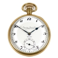 An Art Deco Rolex 9ct gold cased pocket watch, open faced, keyless wind, the white enamel dial with ... 