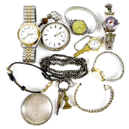 114 - A silver cased pocket watch and Albert together with group of five wristwatches and a key shaped 'nu... 