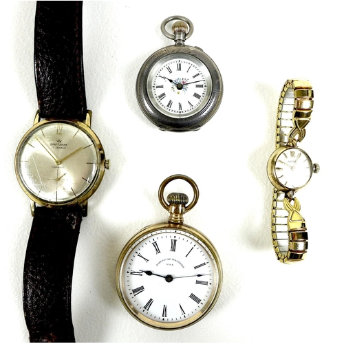 115 - A group of three pocket watches and two wristwatches, comprising an American Waltham gold plated ope... 