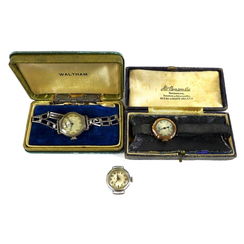 117 - A group of three Edwardian lady's wristwatches, comprising a J. W. Benson 9ct gold cased wristwatch,... 