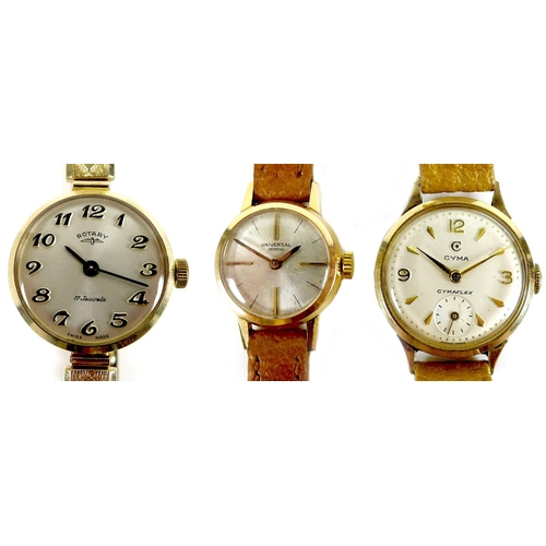 119 - A group of three lady's wristwatches, comprising a 9ct gold Cyma Cymaflex with silvered dial, gold R... 