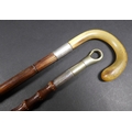A vintage early to mid 20th century silver collared walking cane, with horn handle, rubbed hallmarks... 