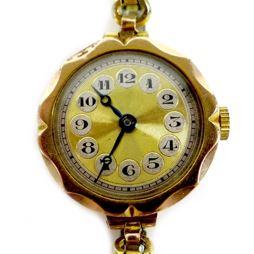 121 - An Art Deco 9ct gold cased lady's wristwatch, circular gold dial with black Arabic numerals in silve... 