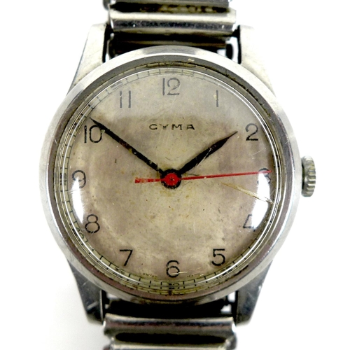 130 - A WWII Cyma stainless steel cased RAF Air Ministry wristwatch, circular silvered dial with black Ara... 