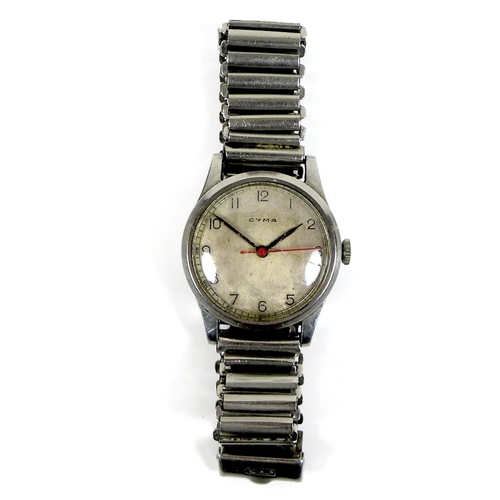 130 - A WWII Cyma stainless steel cased RAF Air Ministry wristwatch, circular silvered dial with black Ara... 