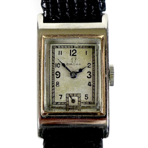 132 - An Art Deco Omega stainless steel cased lady’s tank wristwatch, with square silvered dial, black Ara... 