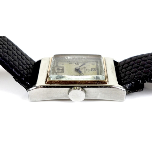 132 - An Art Deco Omega stainless steel cased lady’s tank wristwatch, with square silvered dial, black Ara... 