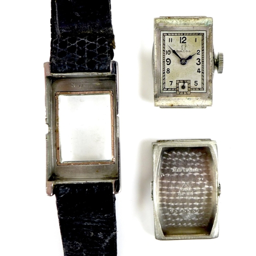 132 - An Art Deco Omega stainless steel cased lady’s tank wristwatch, with square silvered dial, black Ara... 