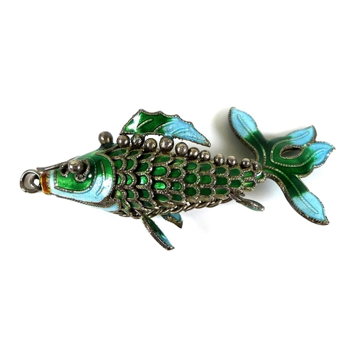 160 - An enamel pendant, mid 20th century, in the form of an articulated fighting fish, finely enamelled i... 