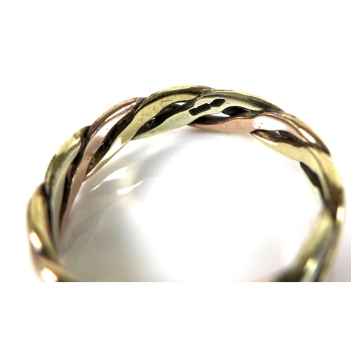 163 - A tri coloured 9ct gold wedding band, of woven plaited form, size K, 2.2g.