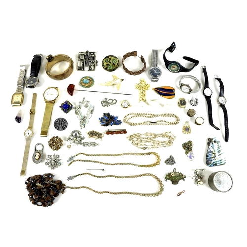 166 - A collection of costume jewellery and watches, including a yellow metal hinged bangle, 7.7 by 6.5 by... 