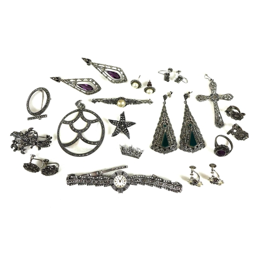 168 - A group of vintage and late Art Deco silver and marcasite jewellery, comprising a cocktail watch, Bi... 