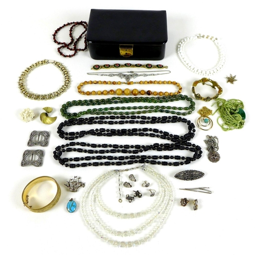 180 - A group of costume jewellery, including bead necklaces, paste set buckles, brooches and earrings, an... 