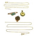 A group of jewellery, comprising two 9ct gold chains, 3.3g total, two yellow metal lockets, and a br... 
