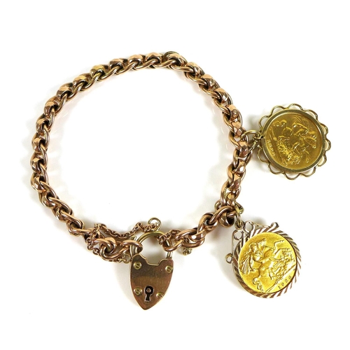 320 - A 9ct gold chain bracelet, fitted with two 9ct gold mounted half sovereign pendants, one a Victorian... 