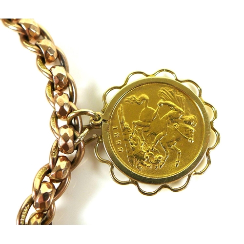 320 - A 9ct gold chain bracelet, fitted with two 9ct gold mounted half sovereign pendants, one a Victorian... 