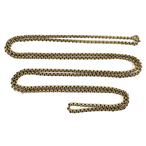 321 - An Edwardian 9ct yellow gold guard chain, formed of gently faceted rolo links with ring clasp end, a... 