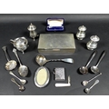 A collection of silver items including a cigarette box, cedar lining, plain rectangular body, Sander... 