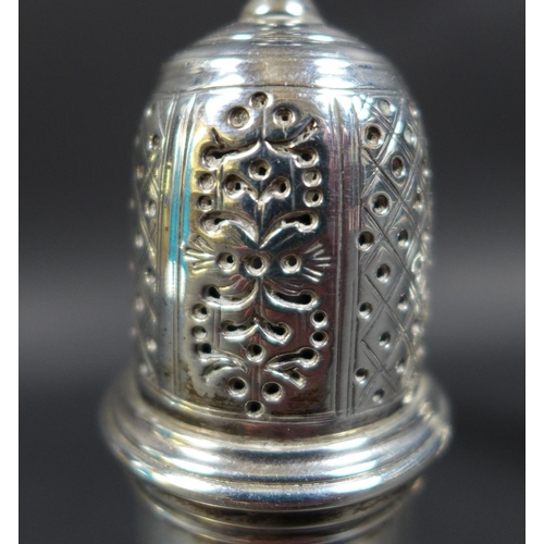 64 - Two George II silver sugar castors, both of baluster form with engraved decoration to the pierced co... 